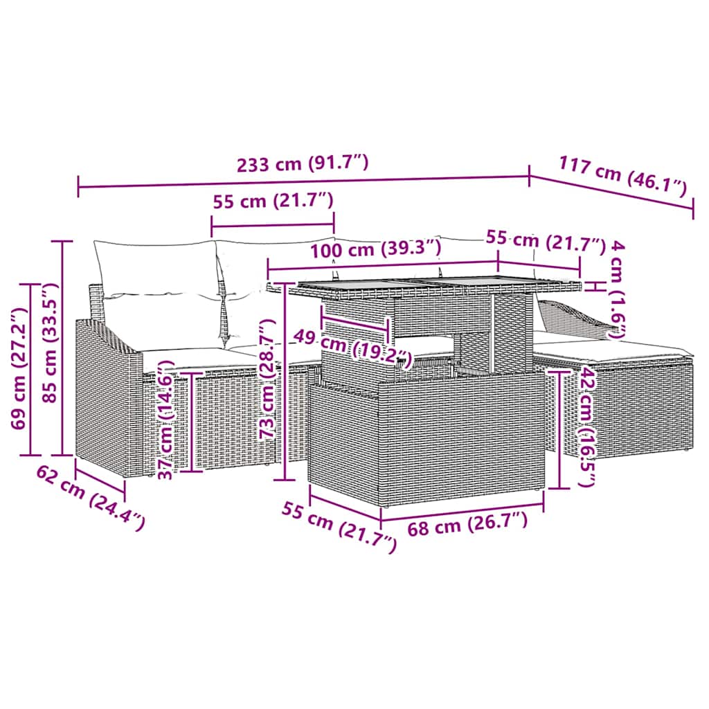 vidaXL Σετ τραπεζαρίας κήπου 6 κομματιών με μαξιλάρια Μπεζ Πολυ Ρατάν Ακακία