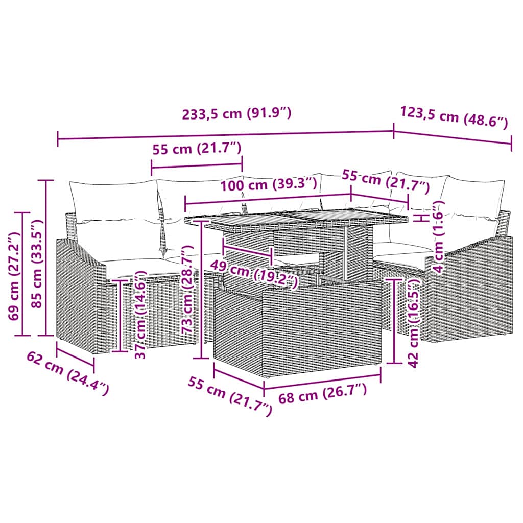 vidaXL σετ τραπεζαρίας κήπου 6 τεμαχίων με μαξιλάρια Μαύρο Πολυ Ράτανα Ακακία