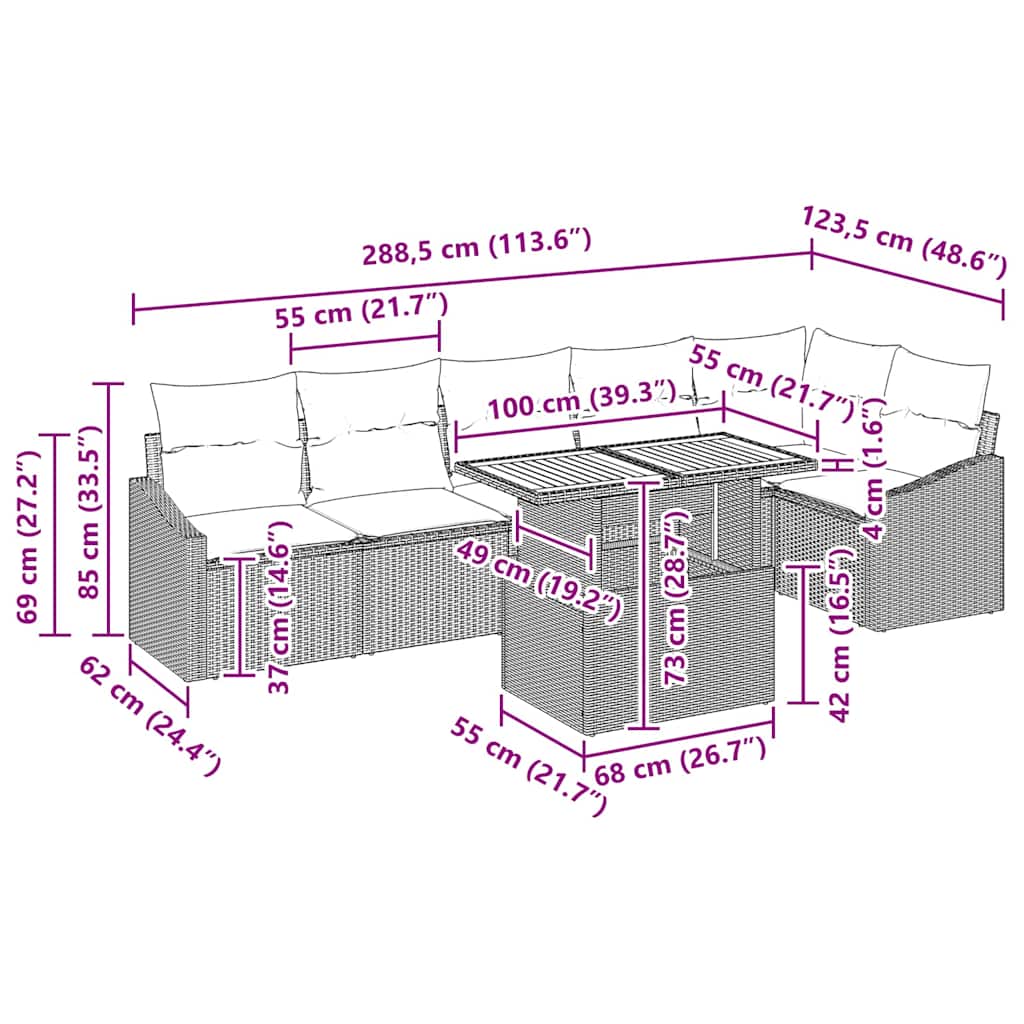 vidaXL Σετ Γευμάτων Κήπου 7 Τεμαχίων με Μαξιλάρια Μαύρο Πολυ Ράταν Ακακίας