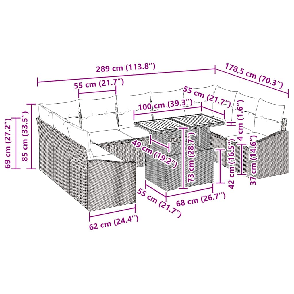 vidaXL 10 κομμάτια Σύνολο Τραπεζαρίας Κήπου με Μαξίλια Μπεζ Πολυ Ρατάν Ακακίας