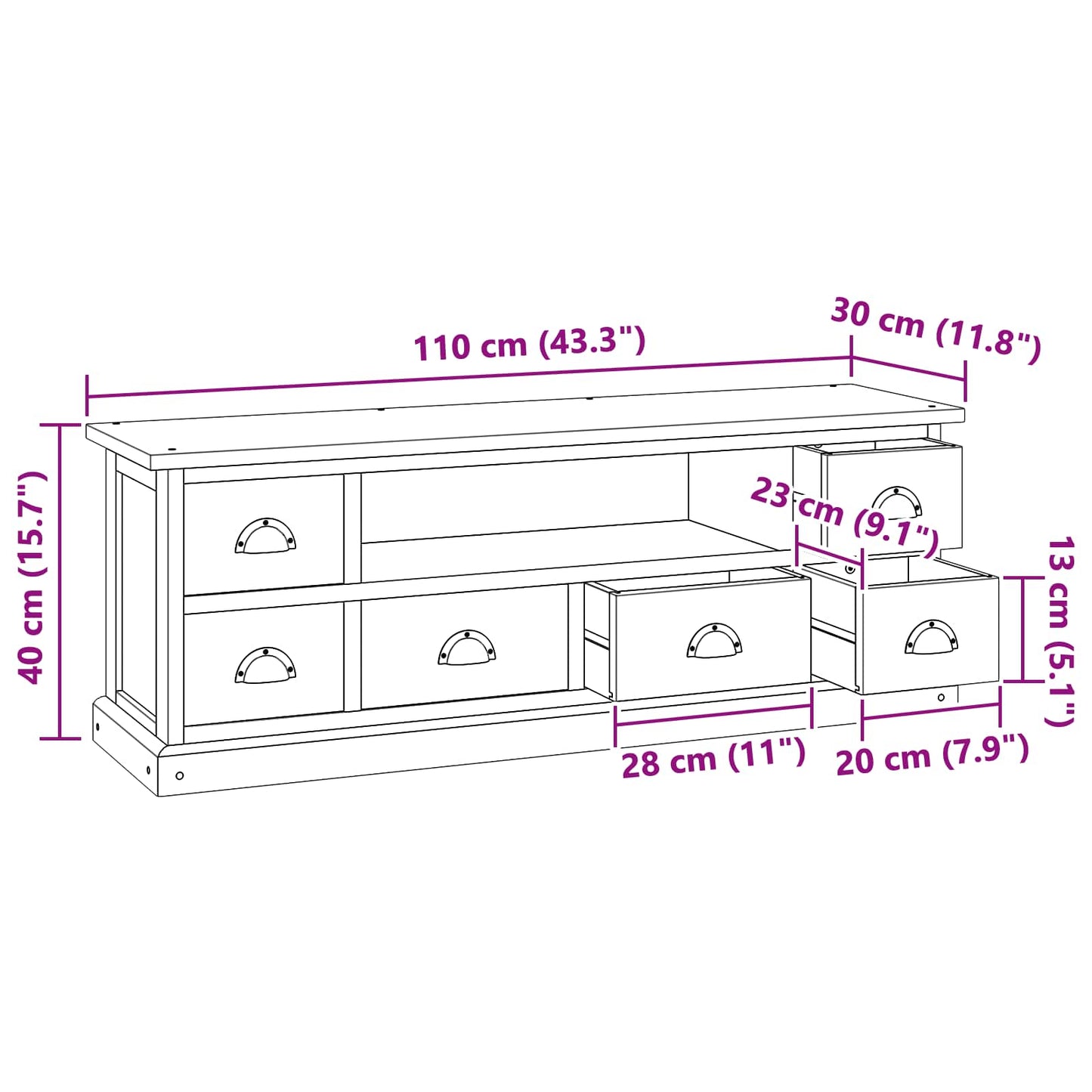 vidaXL Βάση TV με συρτάρι Φυσικό 110 x 30 x 40 cm Στερεό Ξύλο Τίκ