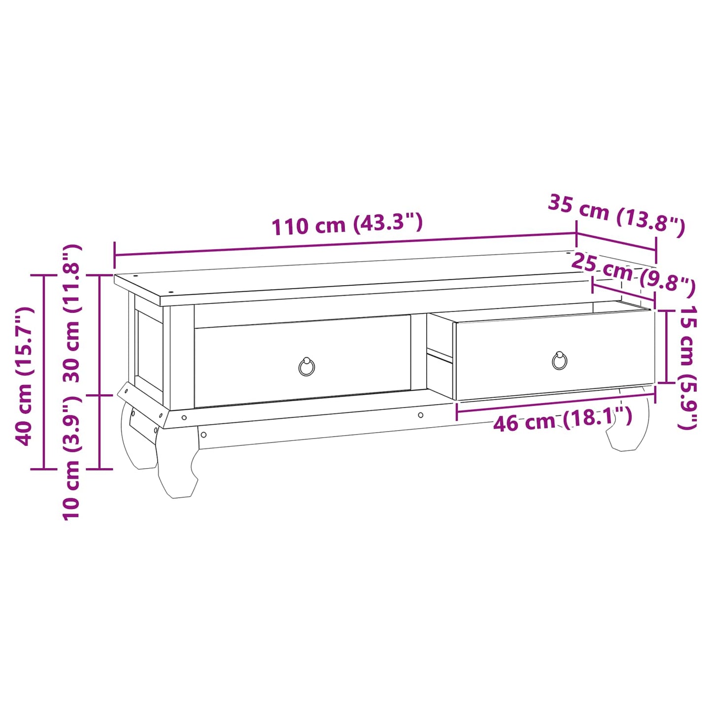 vidaXL Βάση TV με συρτάρι Φυσικό 110 x 35 x 40 εκ Στερεό Ξύλο Τίκ