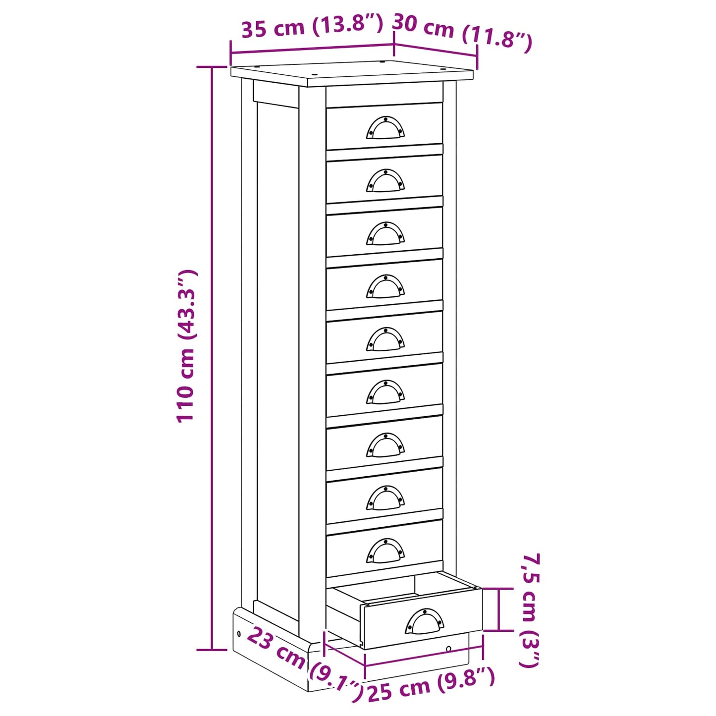 vidaXL Κουτί με συρτάρια Φυσικό 35 x 30 x 110 εκ Στερεό Ξύλο Τίκ