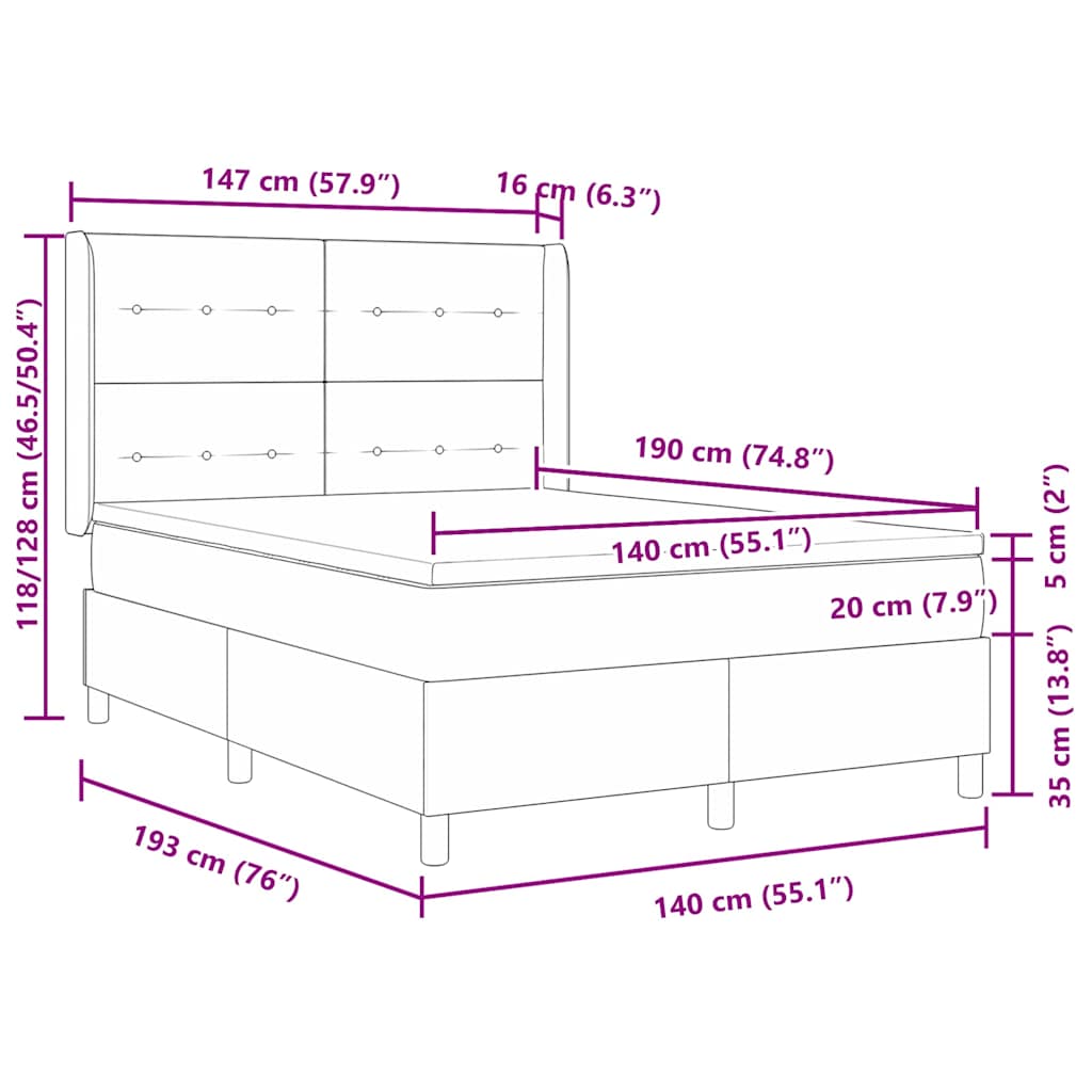 vidaXL Κρεβάτι με ελατήρια με κεφαλάρι Μαύρο 140 x 190 cm ύφασμα