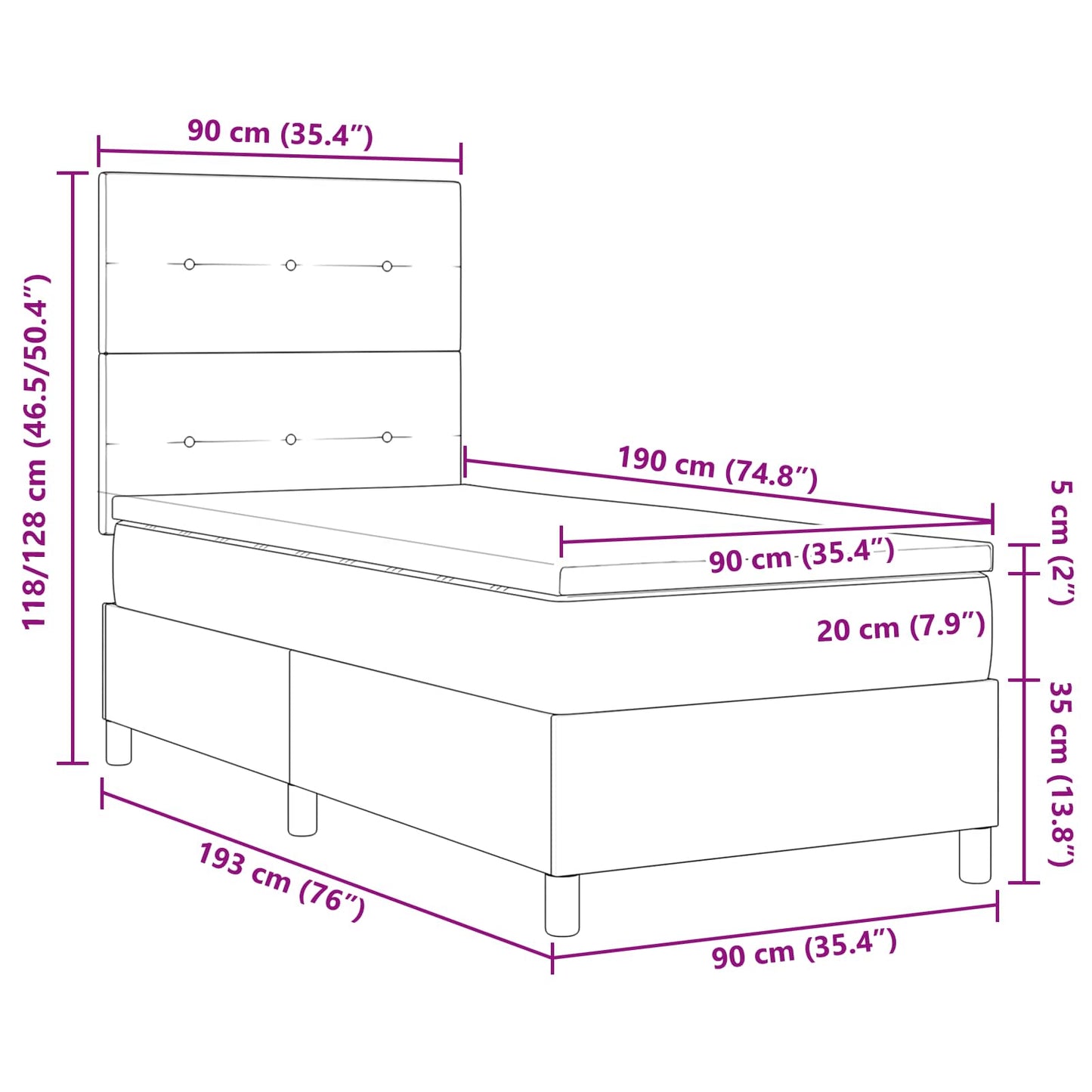 vidaXL Κρεβάτι με ελατήρια με κεφαλάρι Μπλε 90 x 190 cm ύφασμα