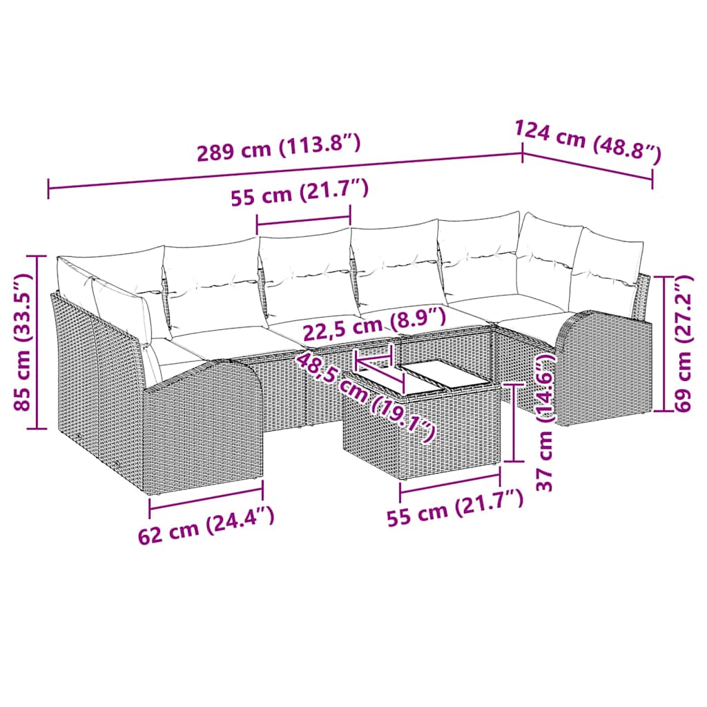 vidaXL Σετ Κήπου 8 Τεμαχίων με μαξιλάρια μπεζ από πολυ-ράττον