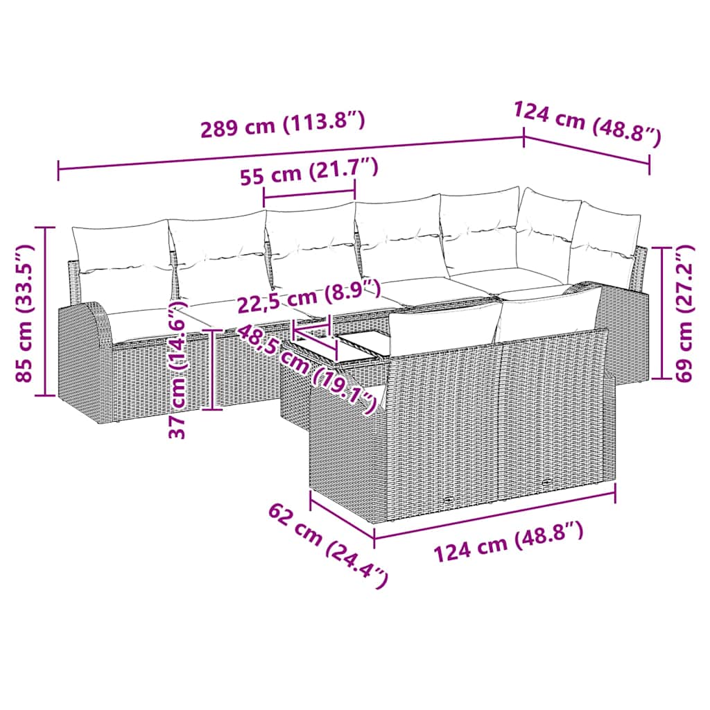vidaXL 9 Τεμαχίων Σετ Σαλονιού Κήπου με Μαξιλάρια Καφέ Πολυ Ρατάν
