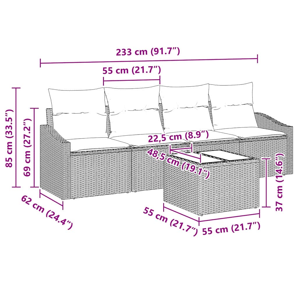 vidaXL Σετ Εξωτερικού Φαγητού 5 Τεμαχίων με Μαξιλάρια Μαύρο Πολυ Ρατάν
