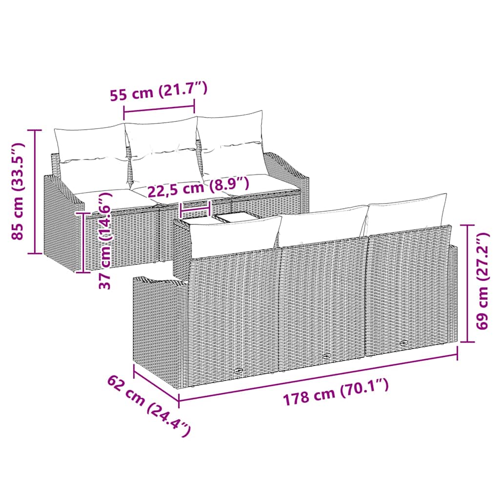 vidaXL σετ κήπου 7 κομματιών με μαξιλάρια Μαύρο Ρατάν