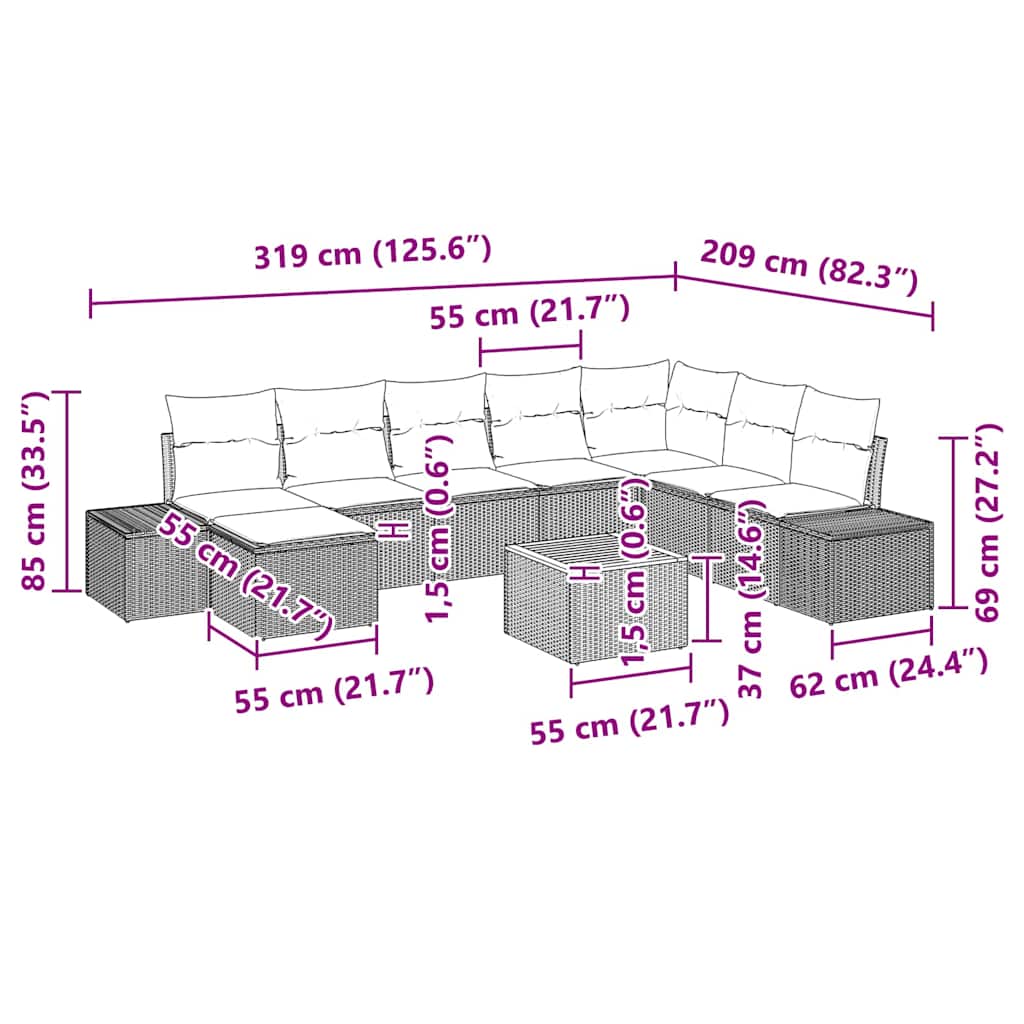 vidaXL 9 τμ Σετ Καναπέ Κήπου με Μαξιλάρια Μπεζ Πολυρράταν Ακακία