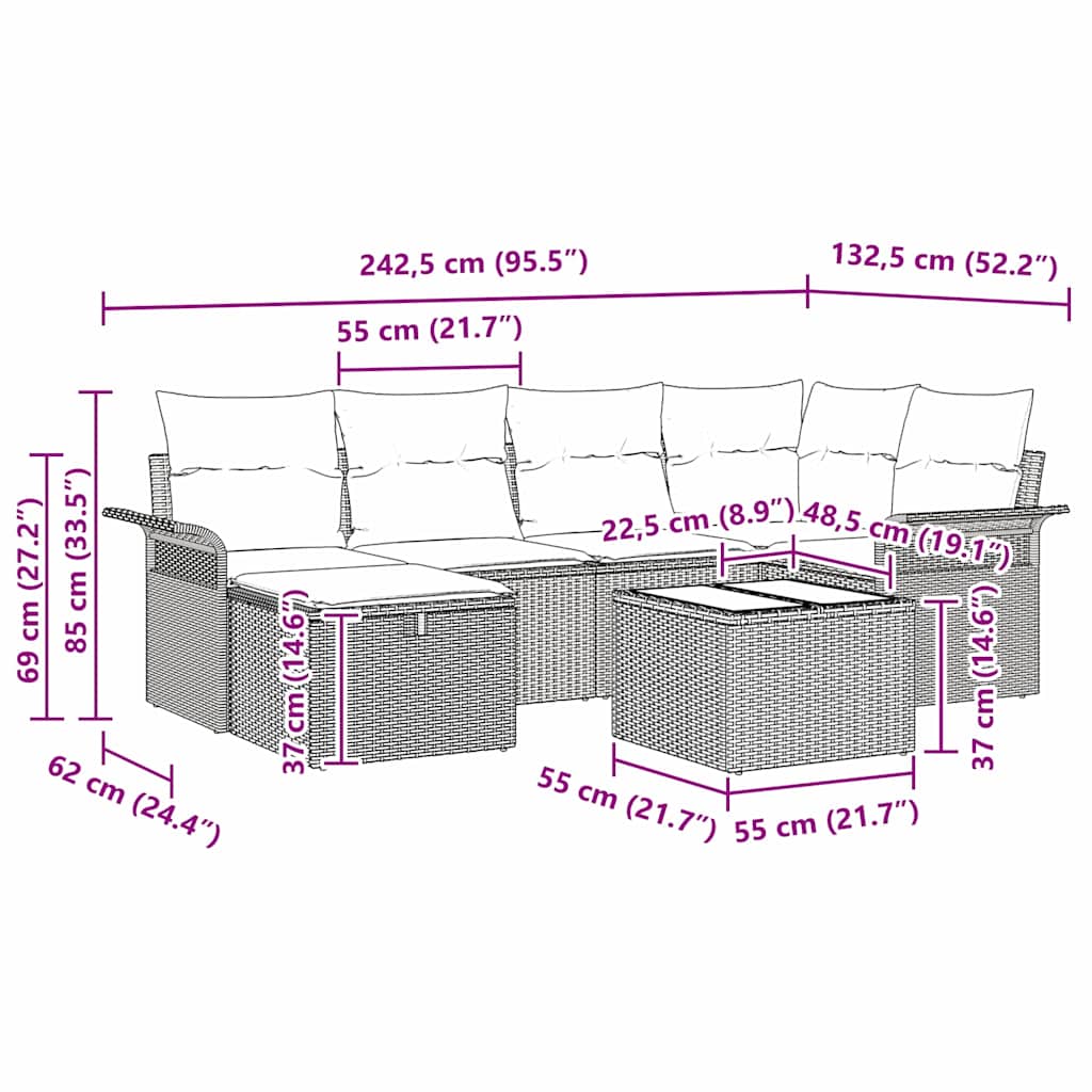 vidaXL Σετ Καναπέ Κήπου με μαξιλάρι 7 pcs Γκρι συνθετικό ρατάν