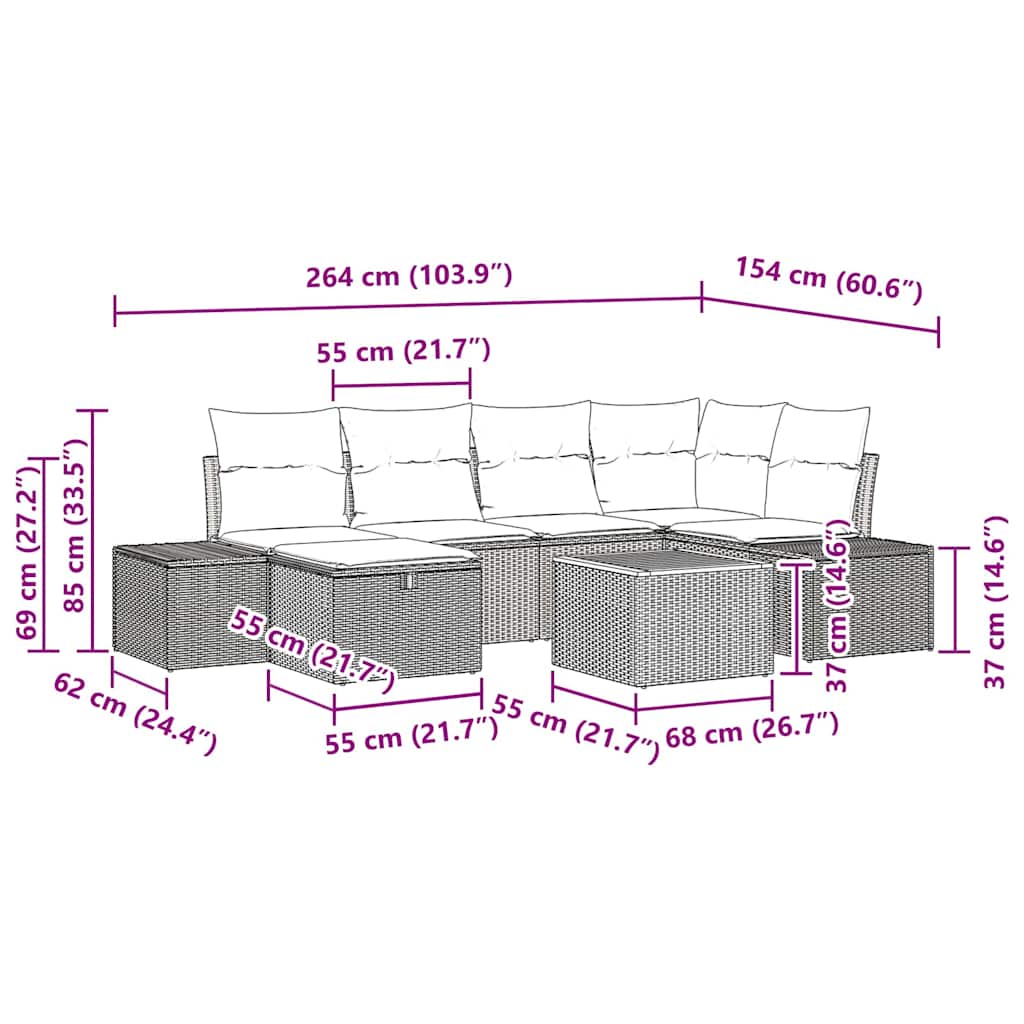 vidaXL Σετ Καναπέ Κήπου 7 Τεμαχίων με Μαξιλάρια Μαύρο Πολυρατάν
