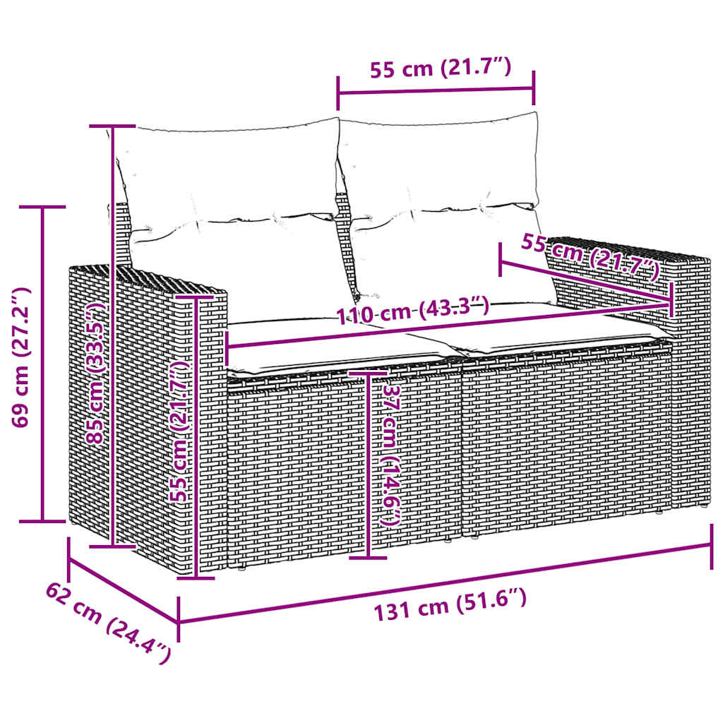 vidaXL 9 κομμάτι σετ καναπέ κήπου με μαξιλάρια γκρι πολυ ρατάν ακacia