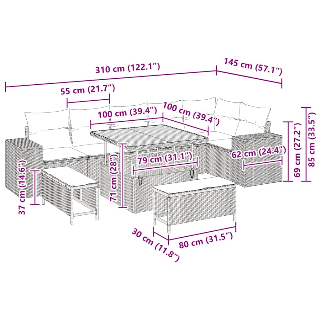 vidaXL Σετ Καναπέ Κήπου 9 κομματιών με Κρεμ Μαξιλάρια Μαύρο Συνθετικό Ρατάν.
