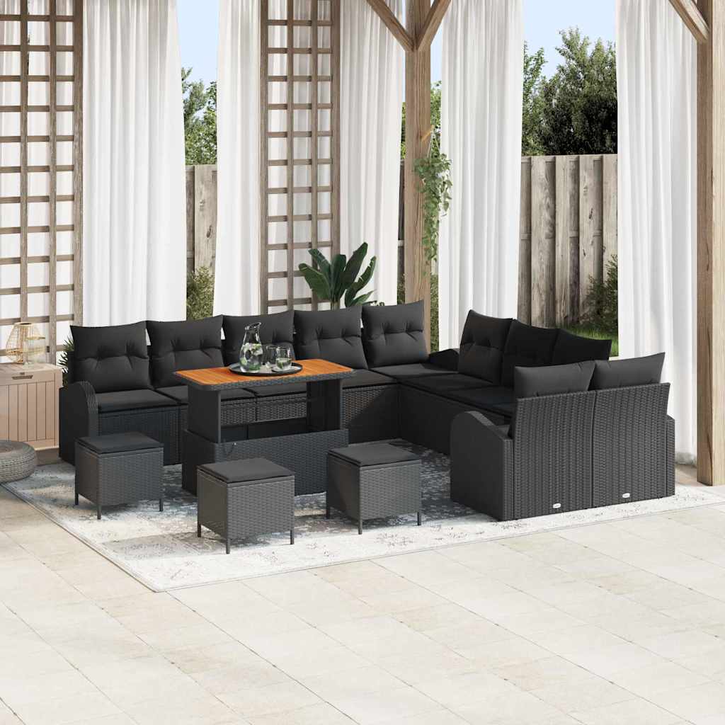 Set Καναπέ Κήπου vidaXL 14 Τεμαχίων με Μάξιλα Μαύρο Συνθετικό Ρατάν Ακακία