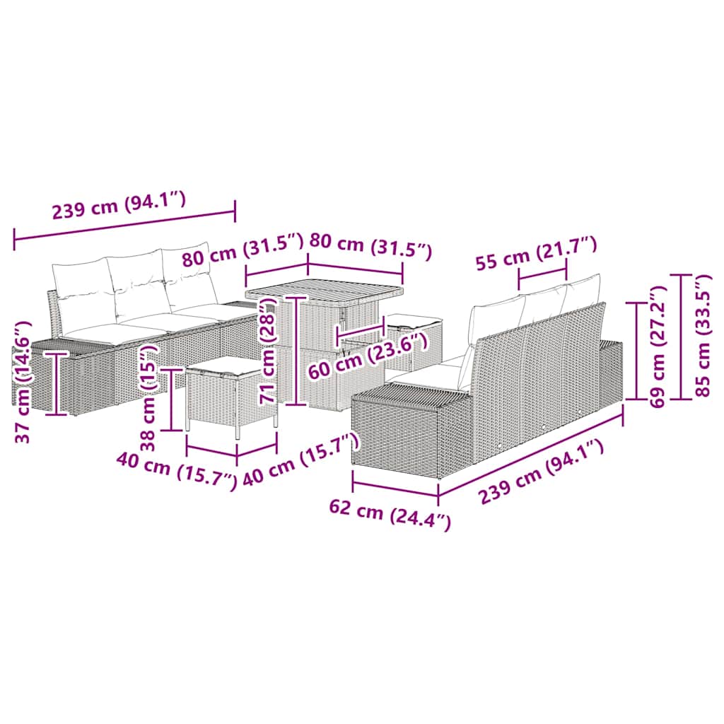 Σετ Σαλονιού Κήπου vidaXL 9 Τεμαχίων με Μαξιλάρια Μαύρο Πολυ Ράτανα Ακακίας