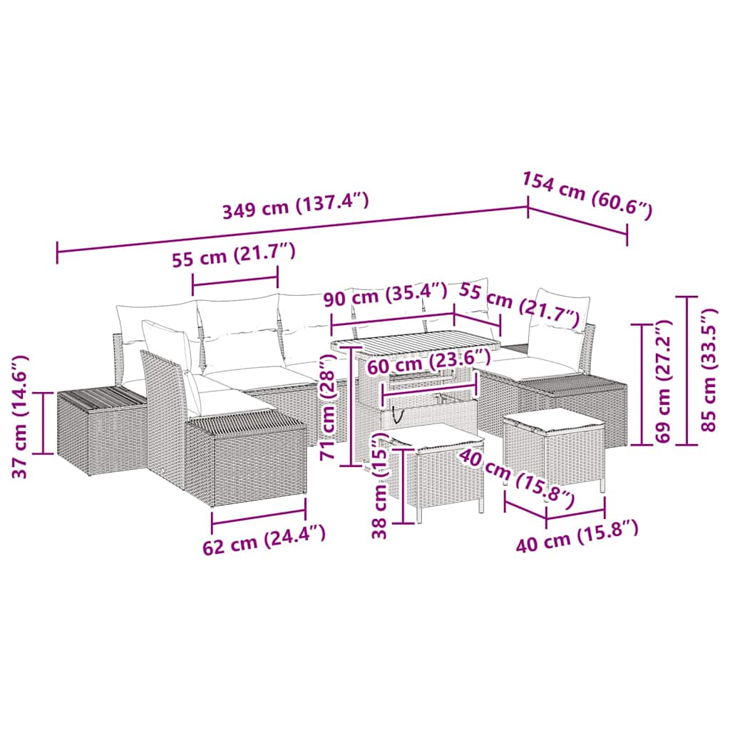 vidaXL 10 Τεμαχίων Σαλονάκι Κήπου με Μαξιλάρια Μπεζ Πολυ Ρατάν