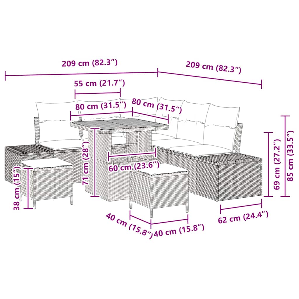 Σετ καναπέ κήπου 8 τεμαχίων με μαξιλάρια Μαύρο πολυεστέρα