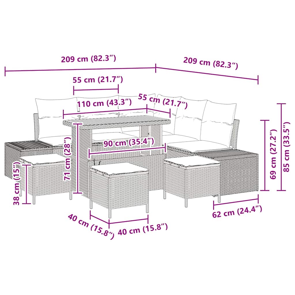 vidaXL Σετ 9 Τεμαχίων Καθιστικού Κήπου με Μαξιλάρια Μπεζ Πολυ Ρατάν Ακακία