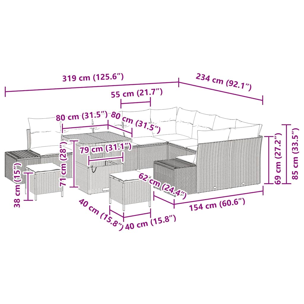 vidaXL Σετ Κήπου 12 Τεμαχίων με Μαξιλάρια Μπεζ Ρατάν