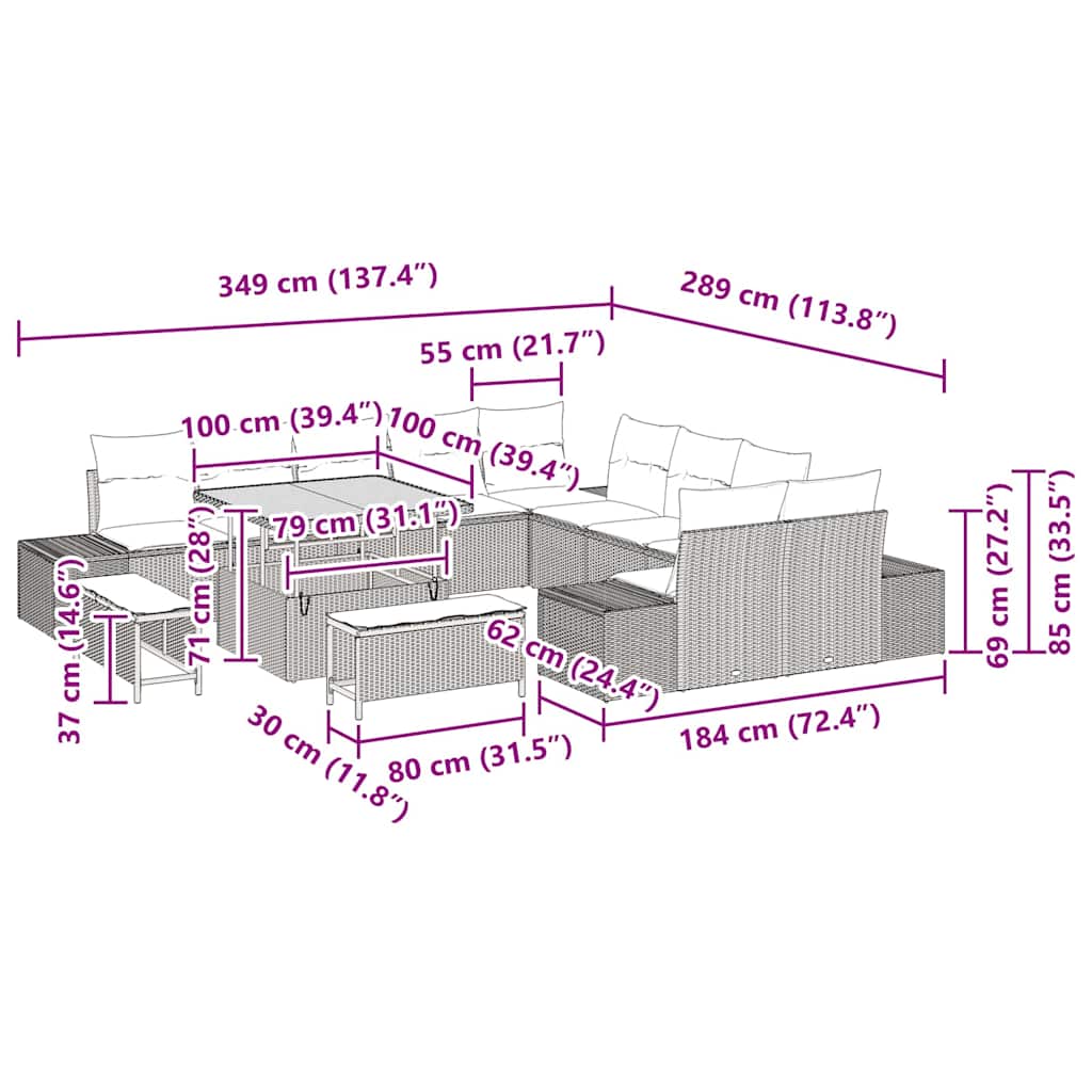 Σετ καναπέ κήπου vidaXL 13 κομματιών με μαξιλάρια μαύρο πολυ ράτα