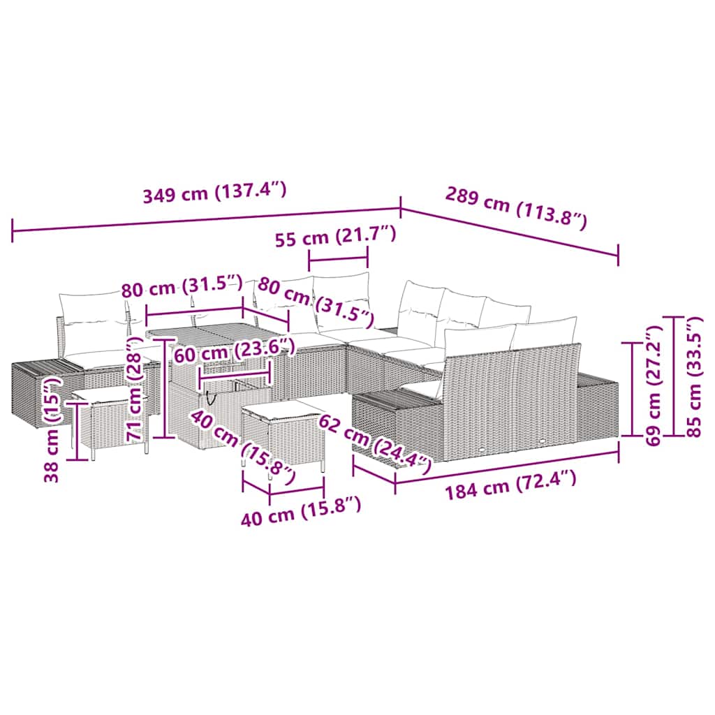 Σετ Καναπέ Κήπου vidaXL 13 Κομματιών με Μαξιλάρια Μπεζ Πολυ Ρατάν
