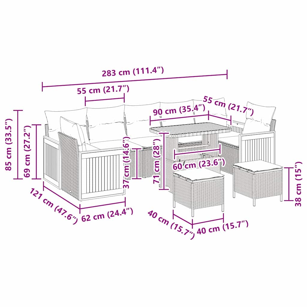 vidaXL Σετ Καναπέ Κήπου 10 Τεμαχίων με Μαξιλάρια Μαύρο Πολυ Ρατάν Ακακία