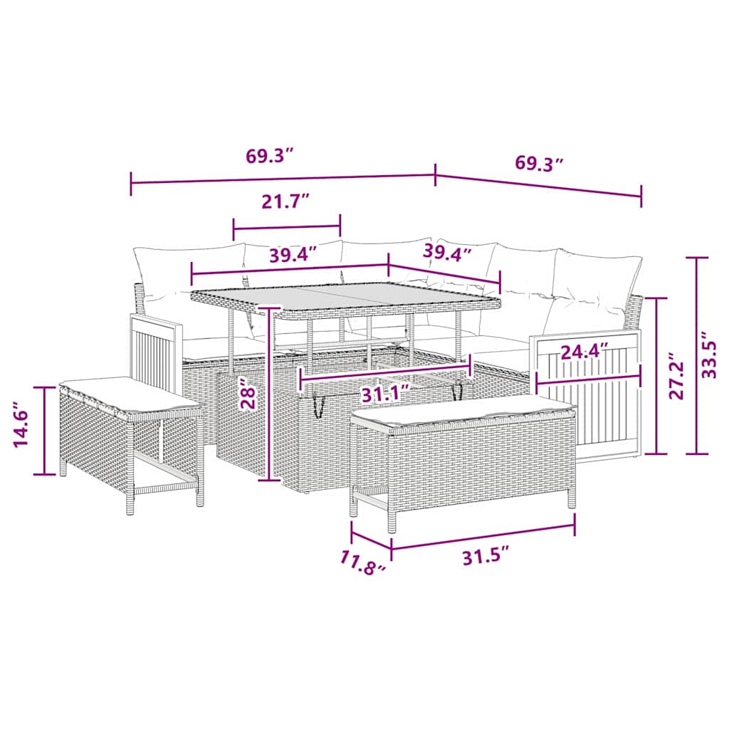 σετ 8 τεμαχίων καναπέ κήπου με μαξιλάρια Μαύρο Πολυ Ράταν Ακακία