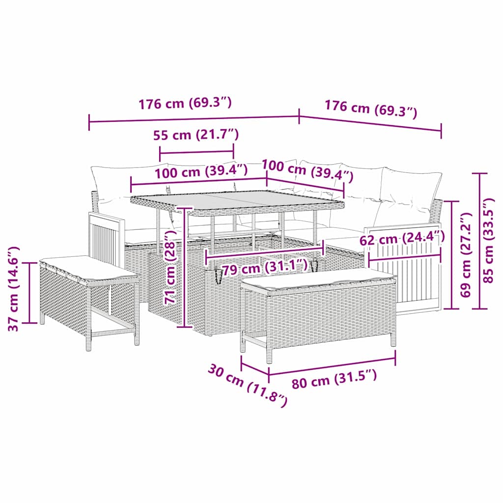 Σετ Κήπου vidaXL 8 Τεμαχίων με Μαξιλάρες Γκρι Πολυ Ρατάν Ακακία