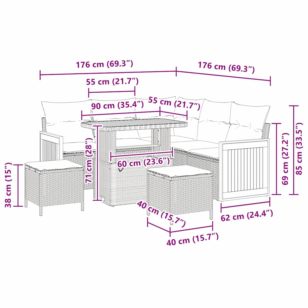 Σετ Καναπέ Κήπου 8 Τεμαχίων με Μαξιλάρια Μαύρο Πολυ Ρατάν Ακακία