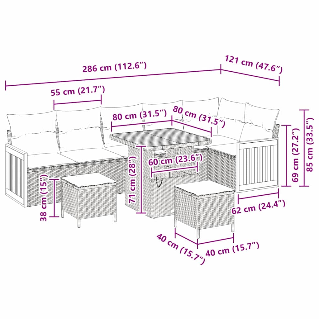 vidaXL 9 Τεμαχίων Σαλονάκι Κήπου Με Μαξιλάρια Μαύρο Πολυ Ρατάν Ακακία
