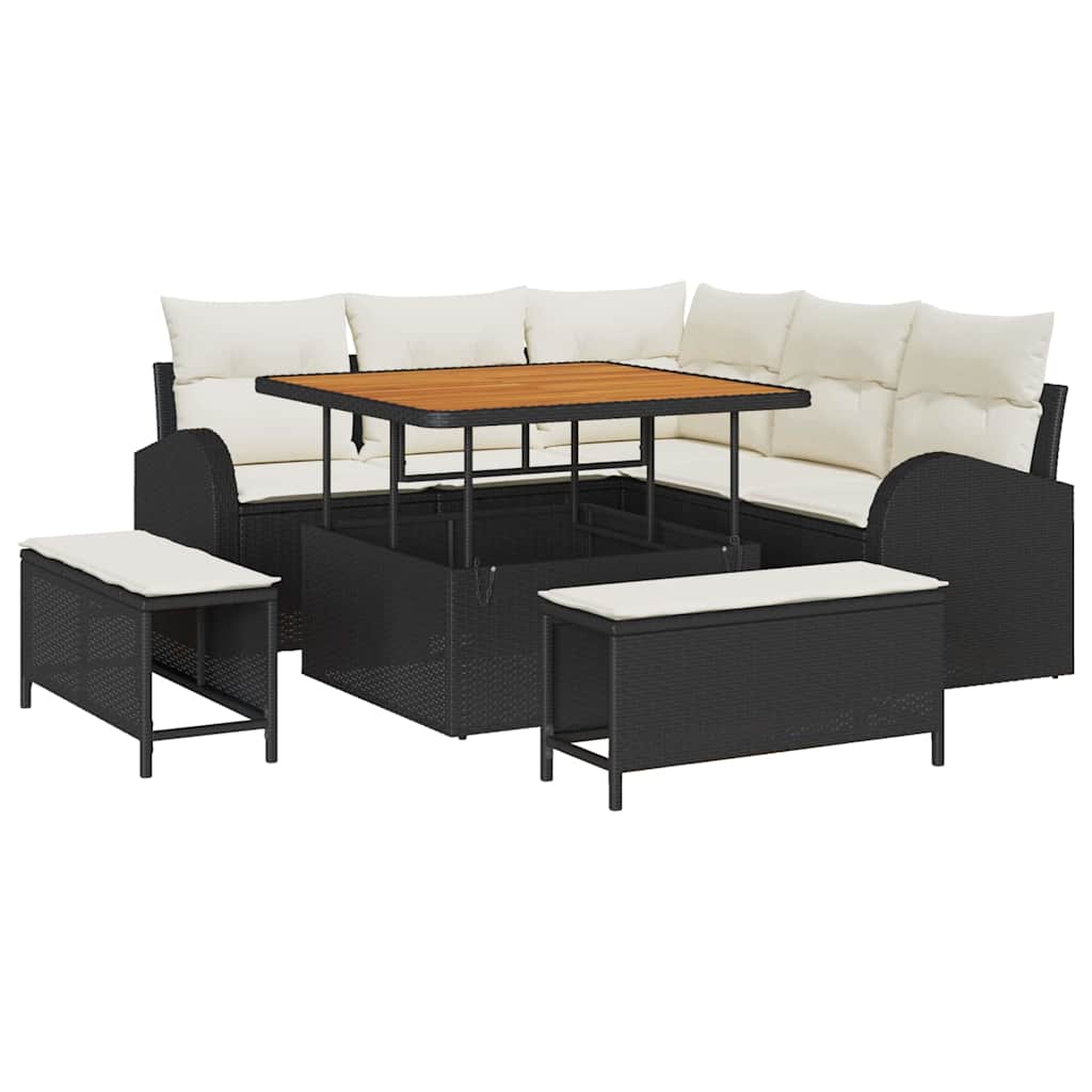 vidaXL Σετ Σαλονιού Κήπου 8 Τεμαχίων με Μαξιλάρια Μαύρο Συνθετικό Ράταν Ακακίας