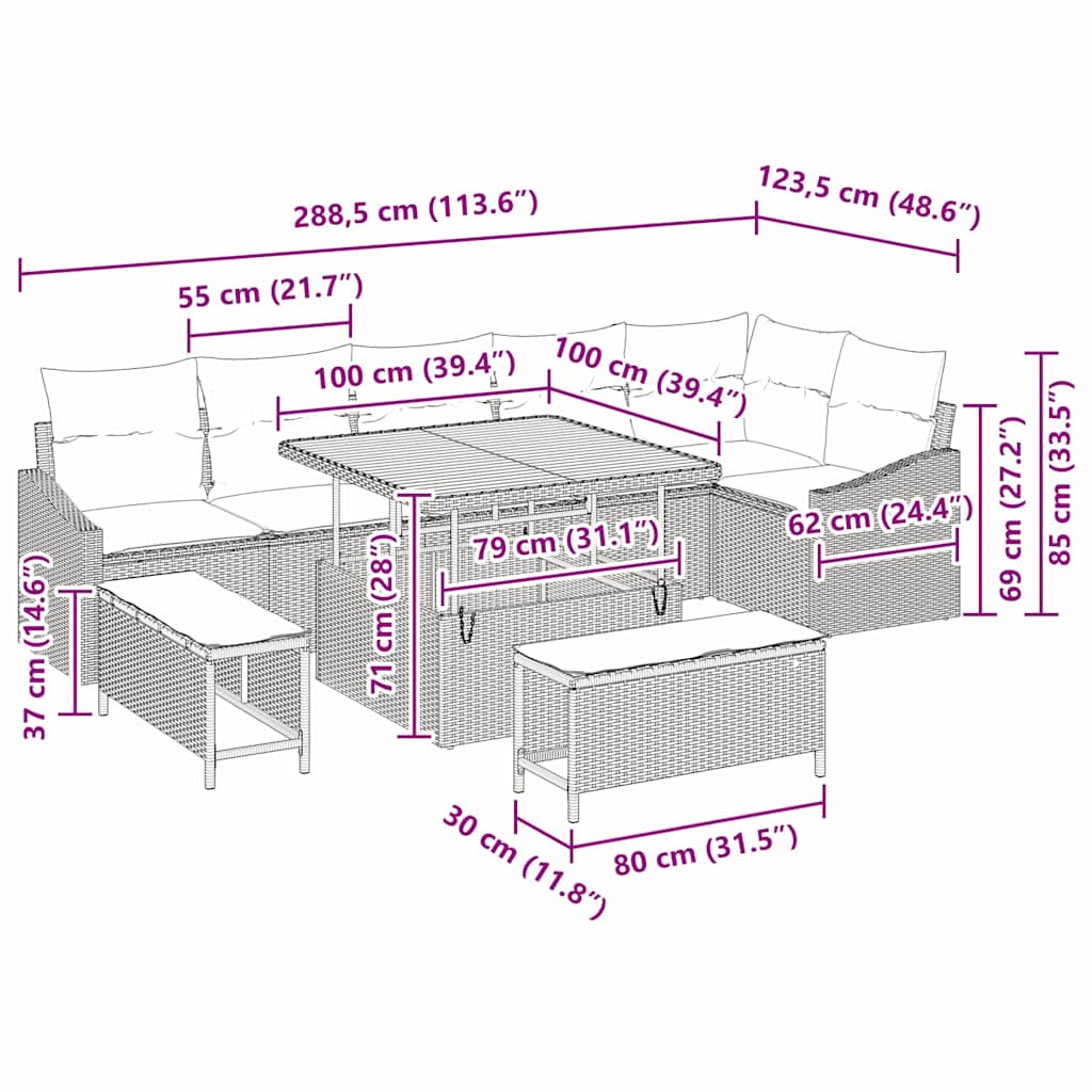 vidaXL Σετ Καναπέ Κήπου με μαξιλάρι 9 pcs Γκρι Πολυ ράταν