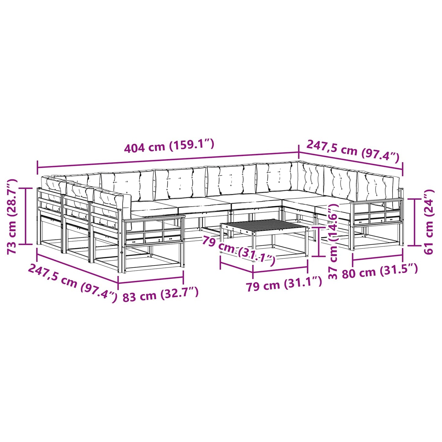 vidaXL Σειρά Καναπέ Εξωτερικού με μαξιλάρι 10 pcs Φυσικό και Ανθρακί