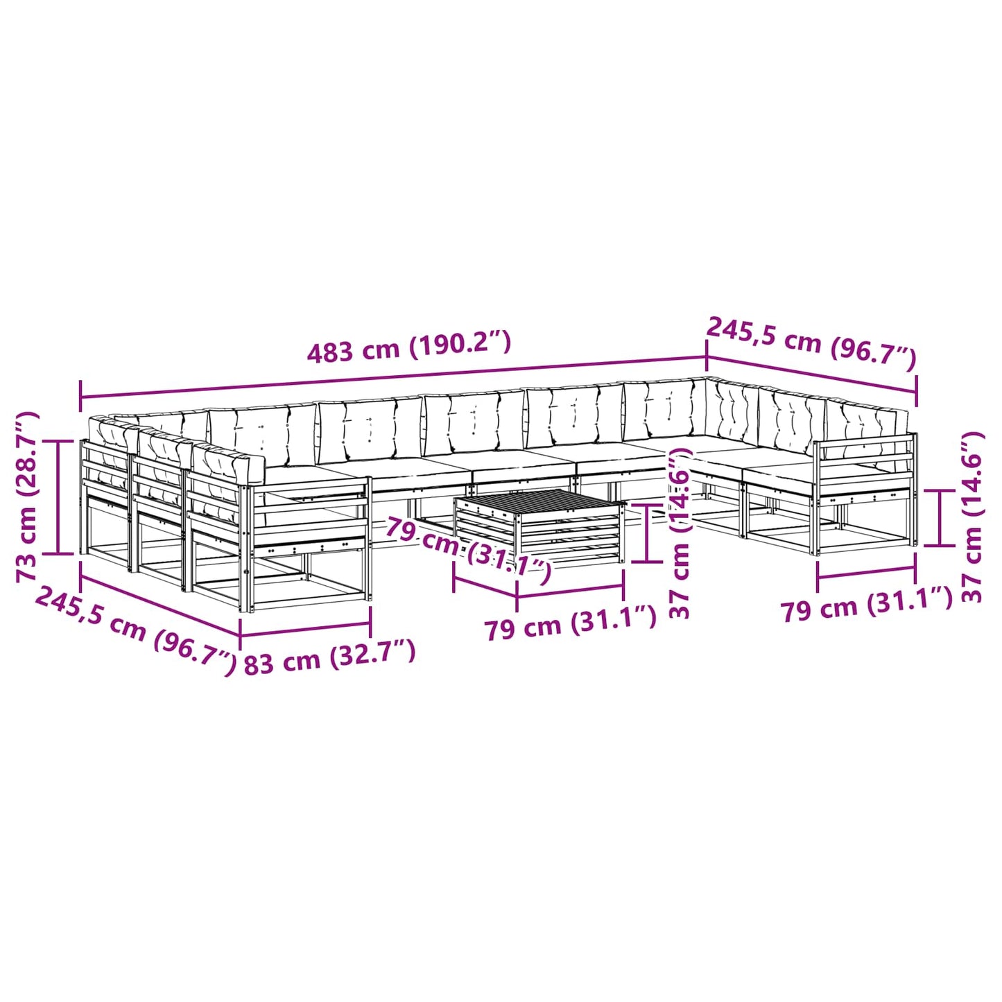 vidaXL Σειρά Καναπέ Εξωτερικού με μαξιλάρι 11 pcs Φυσικό και Ανθρακί