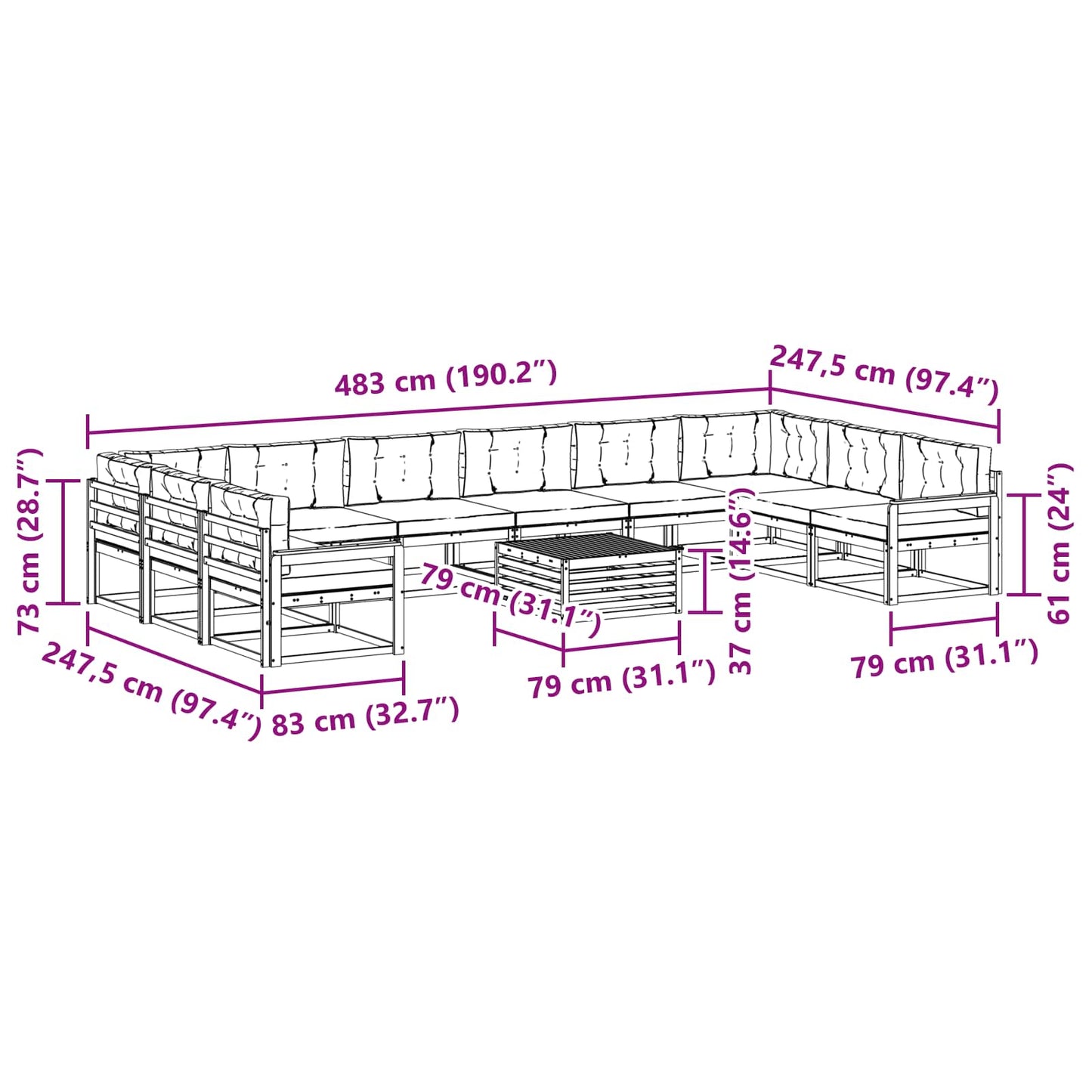 vidaXL Σειρά Καναπέ Εξωτερικού με μαξιλάρι 11 pcs Φυσικό και Ανθρακί