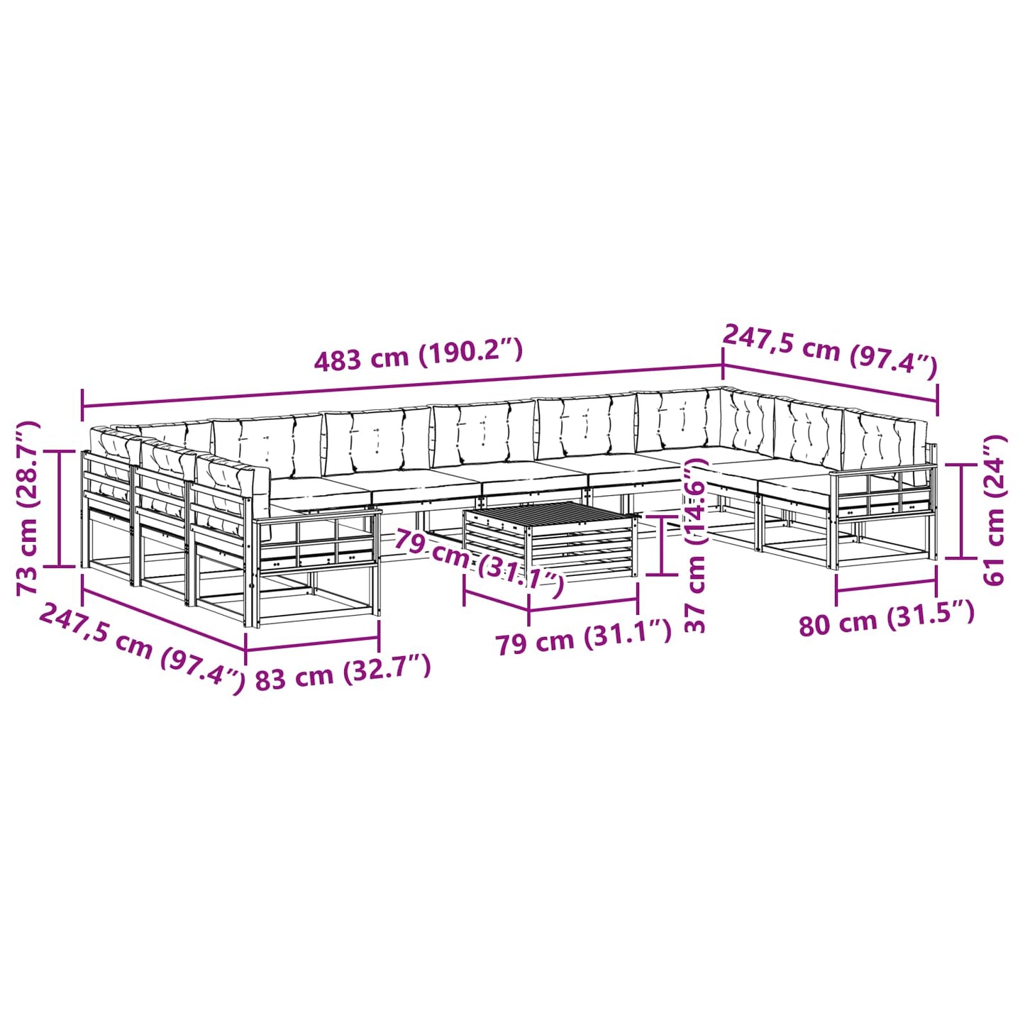 vidaXL Σειρά Καναπέ Εξωτερικού με μαξιλάρι 11 pcs Φυσικό και Ανθρακί