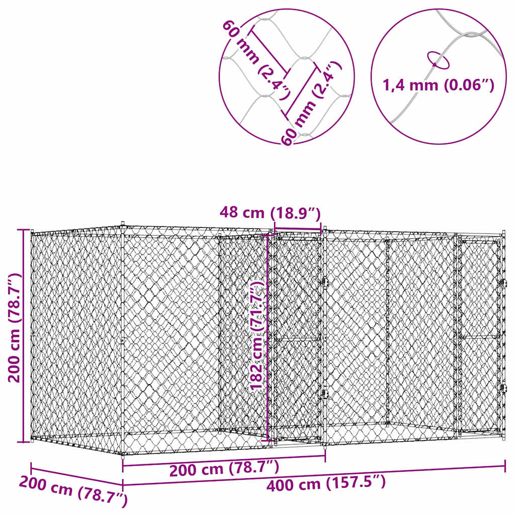 vidaXL Κλουβί σκύλου Ασημί 400 x 200 x 200 εκ. Επικαλυμμένος Χάλυβας