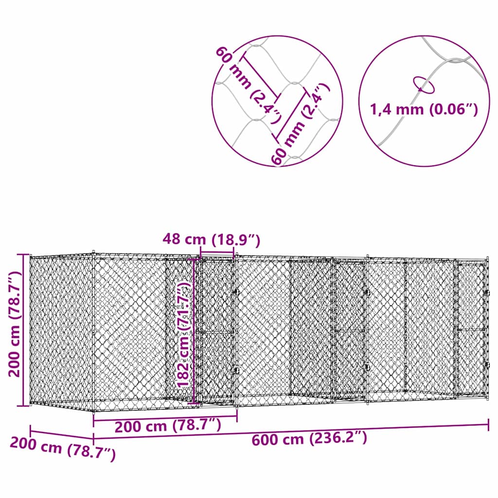 vidaXL Κλουβί σκύλου Ασημί 600 x 200 x 200 εκ. Επικαλυμμένος Χάλυβας