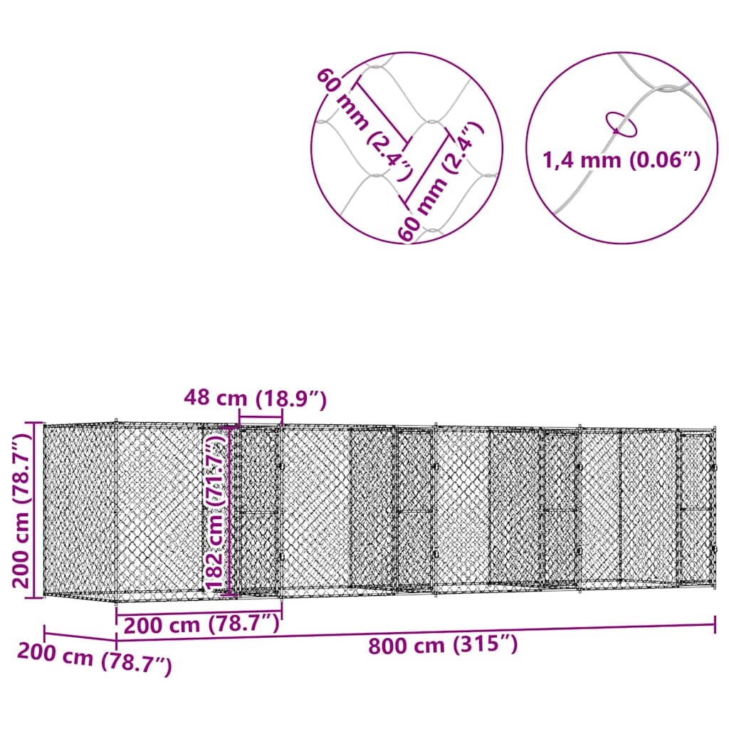 vidaXL Κλουβί σκύλου Ασημί 800 x 200 x 200 εκ. Επικαλυμμένος Χάλυβας