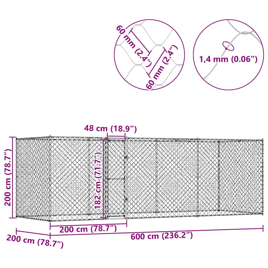 vidaXL Κλουβί σκύλου Ασημί 600 x 200 x 200 εκ. Επικαλυμμένος Χάλυβας