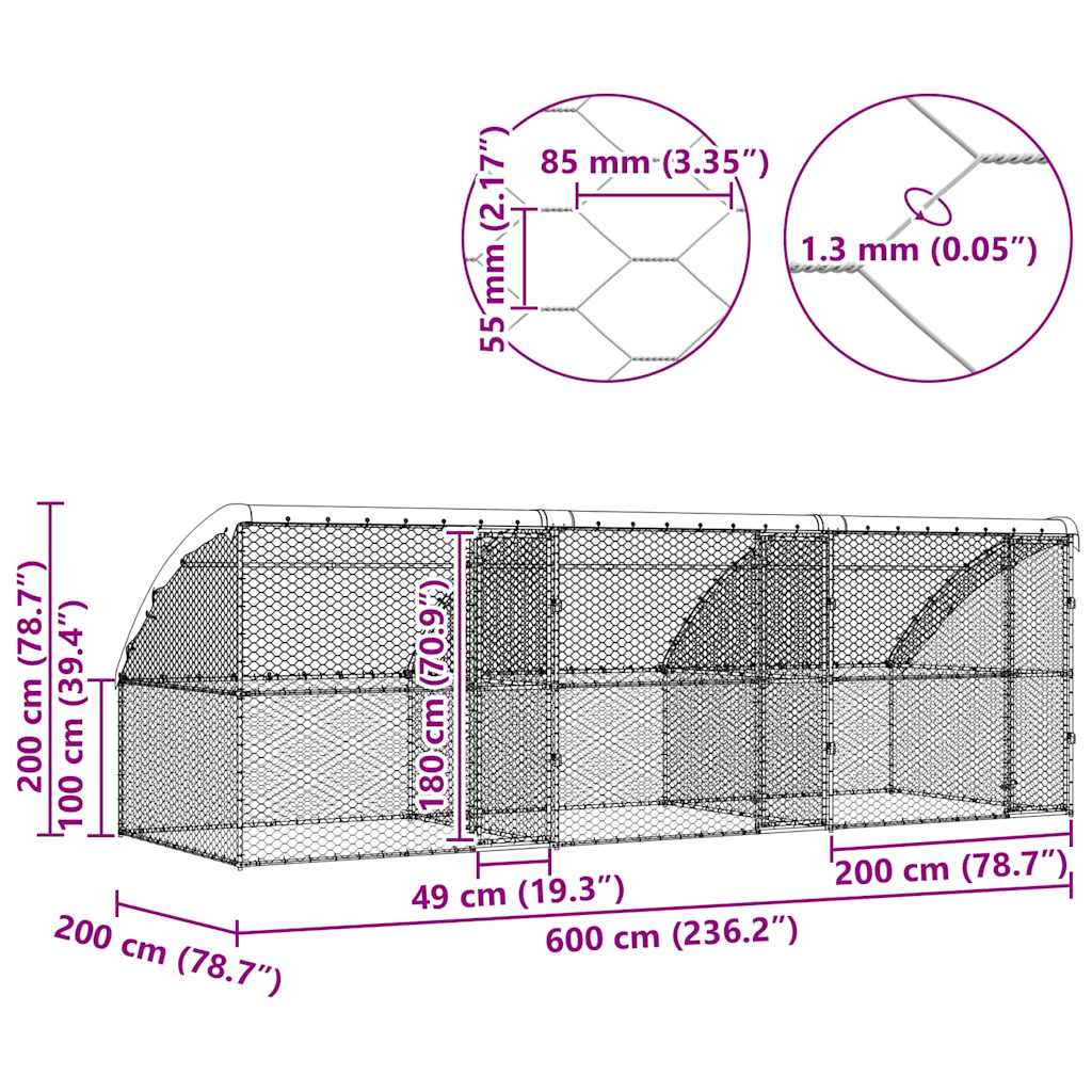 vidaXL Κλουβί Σκύλου με αποθήκευση 3 pcs Ασημί 6 x 2 x 2 m Ατσάλι