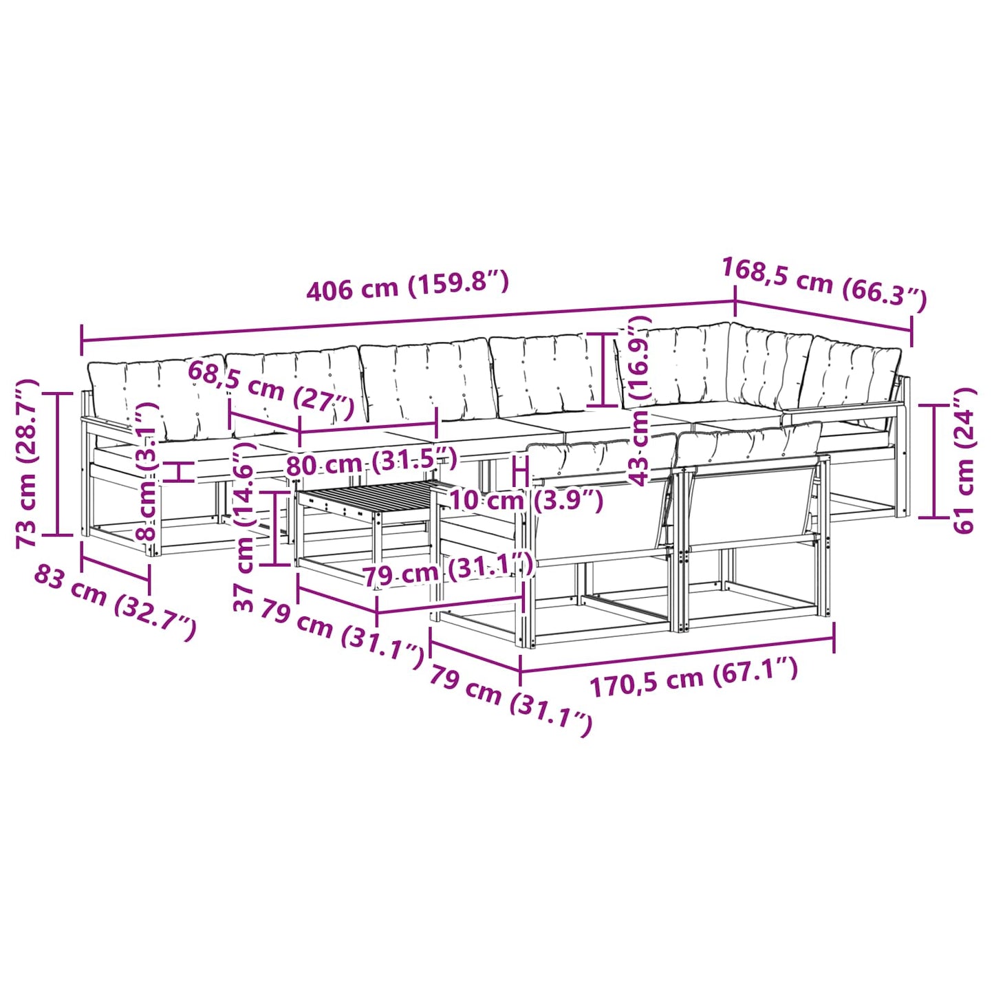 vidaXL Σειρά Καναπέ Εξωτερικού με μαξιλάρι 9 pcs Φυσικό και Μπεζ