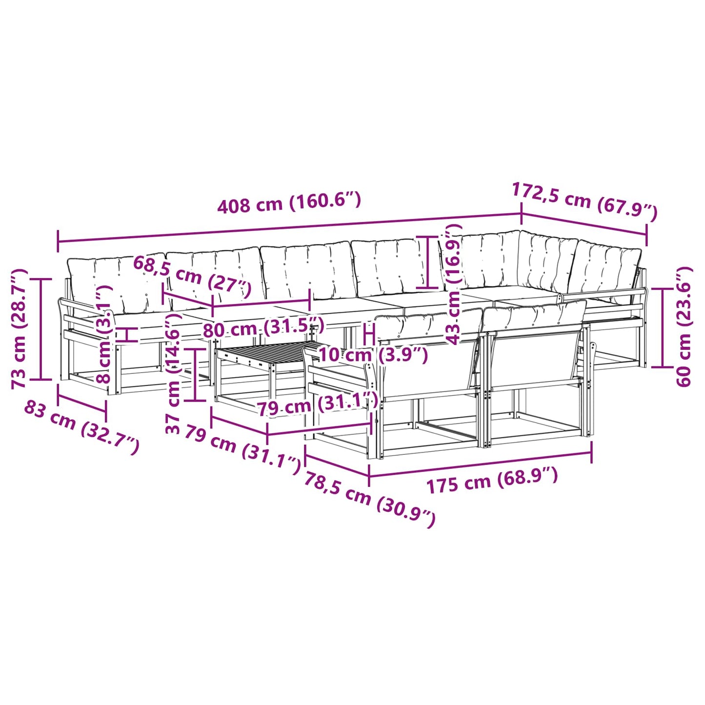 vidaXL Σειρά Καναπέ Εξωτερικού με μαξιλάρι 9 pcs Φυσικό και Μαύρο