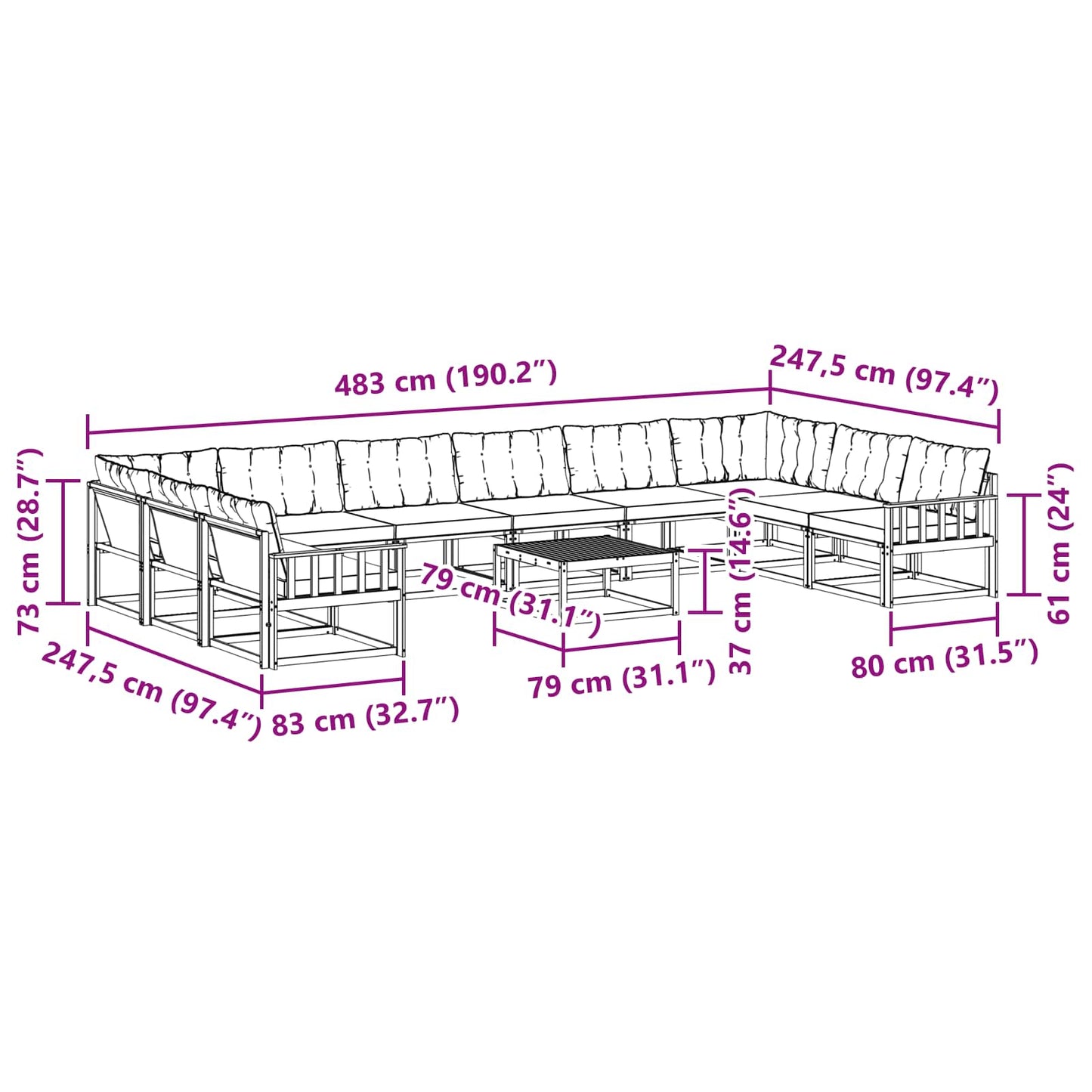 vidaXL Σειρά Καναπέ Εξωτερικού με μαξιλάρι 11 pcs Φυσικό και Κρέμα
