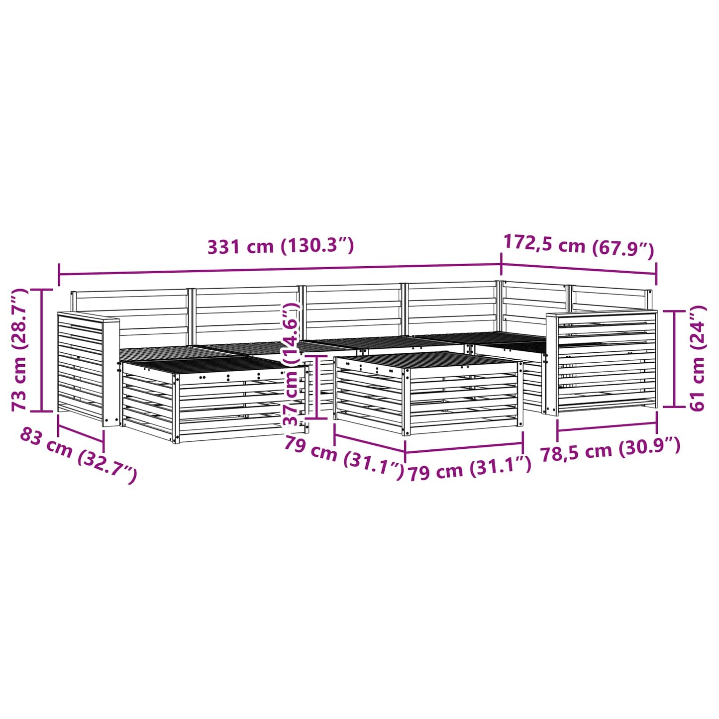vidaXL Σειρά Καναπέ Εξωτερικού 7 pcs Φυσικό Στερεό Ξύλο Ακακίας