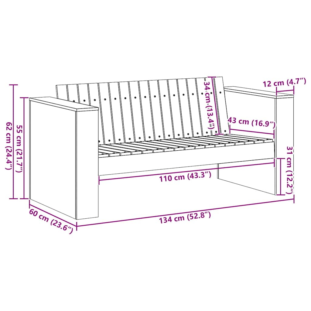 vidaXL Καναπές Κήπου Φυσικό 134 x 60 x 62 cm Στερεά ξυλεία πεύκου