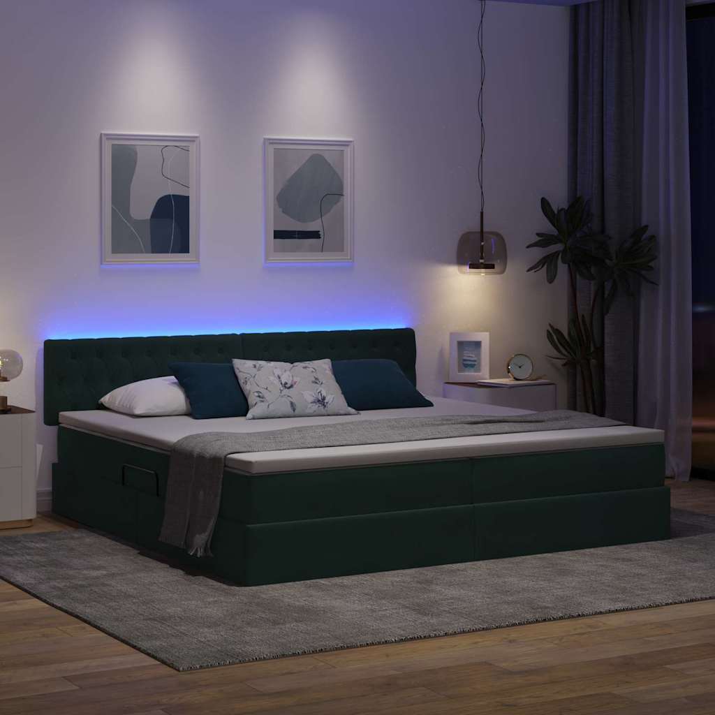 vidaXL LED Κρεβάτι αποθήκευσης με στρώμα Σκούρο Πράσινο 200 x 200 cm