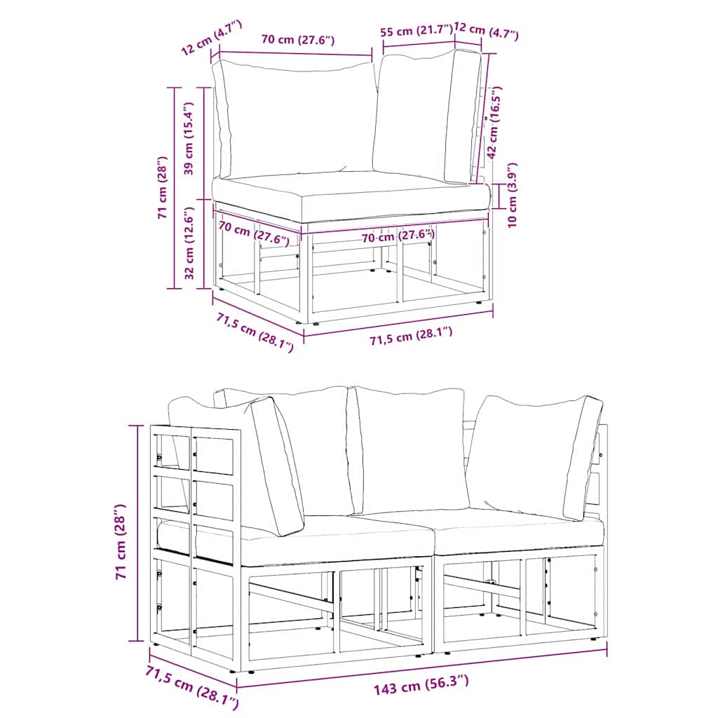 vidaXL Εξωτερικά Έπιπλα με μαξιλάρι με μαξιλάρι Μαύρο Αλουμίνιο