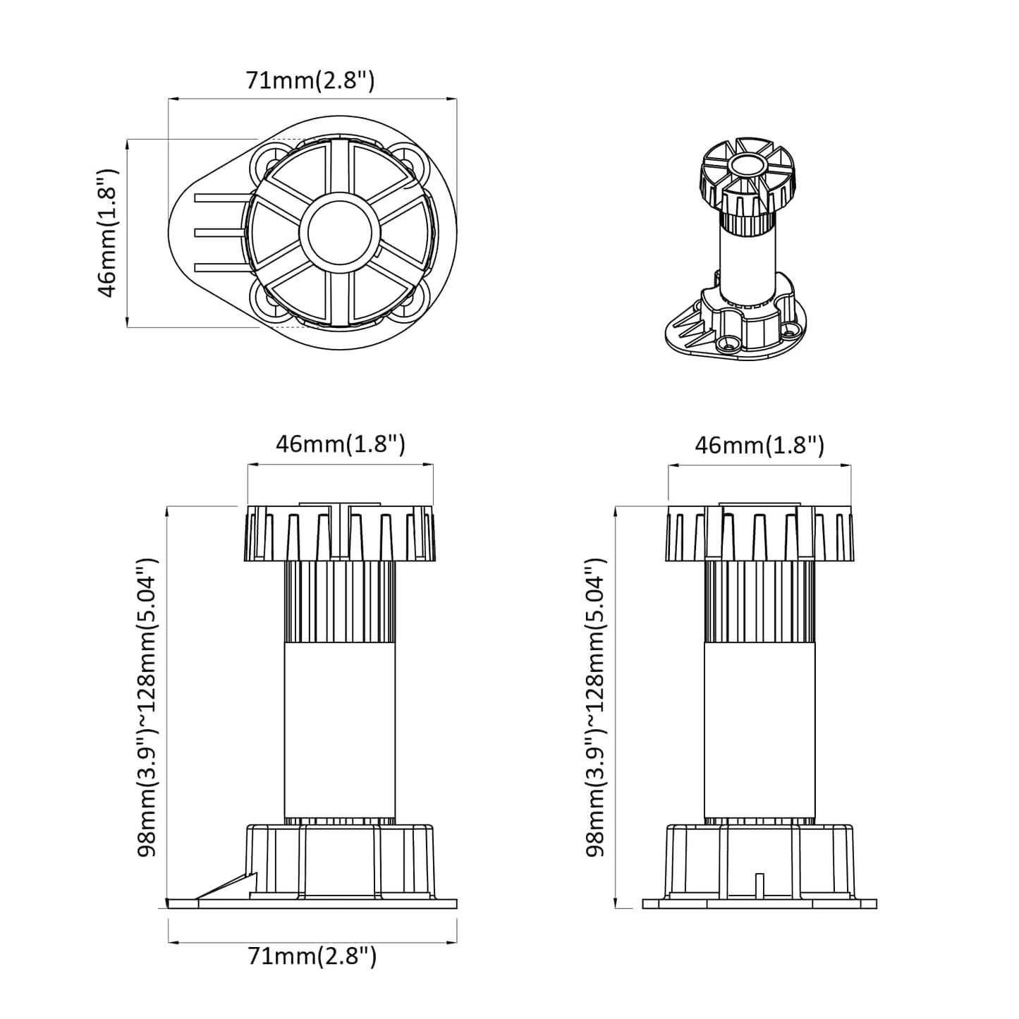 vidaXL Πόδια Επίπλων Ρυθμιζόμενος 2 pcs Μαύρο 46 x 46 x 128 mm PP